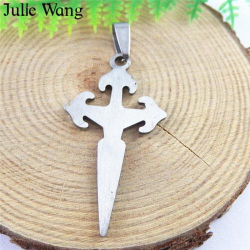 Julie Wang 1pcs Angel Cross Sword Charms Stainless Steel Silver Color Necklace Pendants Findings Jewelry Making Accessories