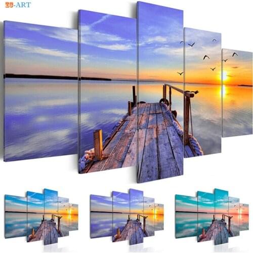 Sunset Canvas Painting Lake Clounds Prints Nature Poster Canvas Art 5 Panel Wall Art Wall Pictures for Living Room Home Decor