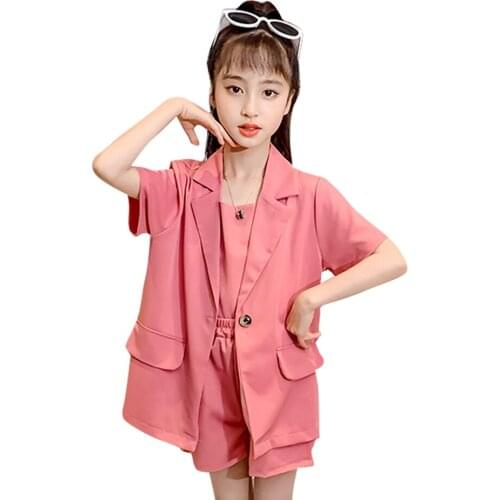 Girls Clothes Set Solid Jacket + Vest + Short Girls Clothing Casual Style Clothes For Girls Summer Childrens Tracksuits 6 8 10