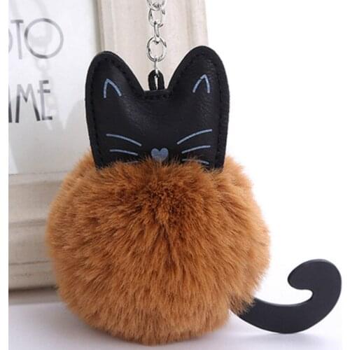 Lovely Cartoon Cat Fluffy Fur Ball Key Chain Soft Pompom Animal Tail Artificial Rabbit Fur Keychain Women Car Bag Key Ring Gift