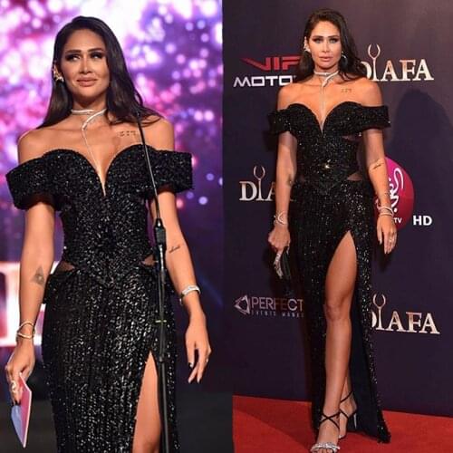 Black dress sparkly Sequins Long Dress Sexy Off Shoulder Short Sleeves Mesh Splicing high slit party designer dresses runway new