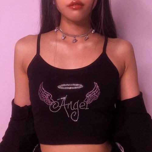 2000s Fashion Angel Graphic Diamond Black Cami Tops E-girl Aesthetics Backless Gothic Crop Top Summer Y2K Slip Tops New