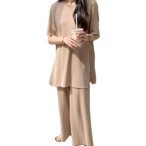 Gentle wind side slit loose ice silk thin sweater two-piece simple wide-leg pants suit 2021 summer fashion womens clothing