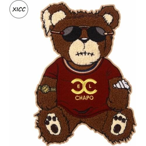 XICC Big Size Towel Embroidery Cartoon Bear Patch Custom Chenille Sew on Patch Super Cool Sunglasses Patchwork Sticker Appliques