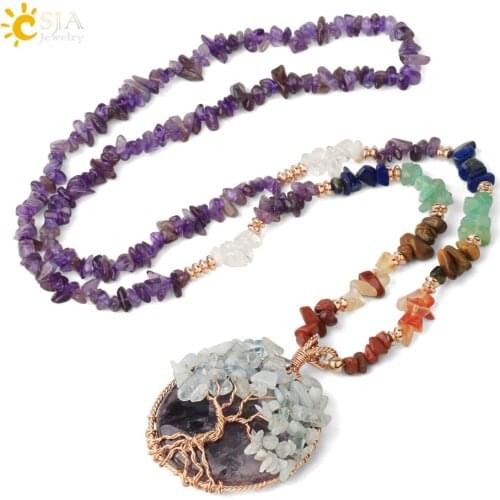CSJA Natural Chips Stone Reiki Chakra Long Necklaces Tree of Life Wire Wrap Pendants for Women Men 2020 New Fashion Jewelry G378