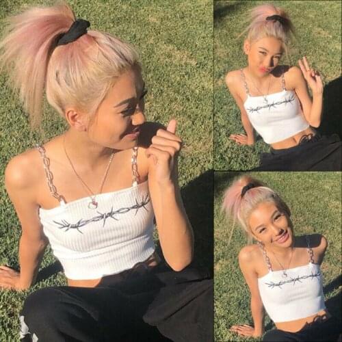 Women Girls Sleeveless Ribbed Print Slim Fit Skinny Metal Sling Club Beach Holiday Casual Sexy Fashion White Vest Crop Tops