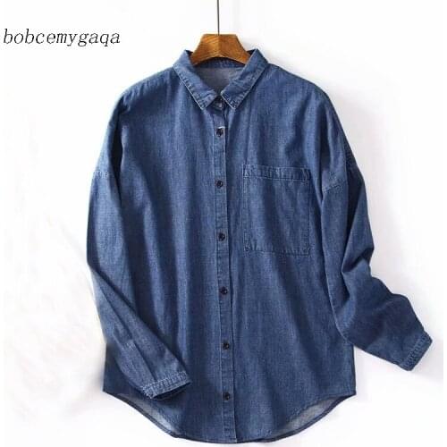 Autumn loose women denim shirt pocket turn down collar long sleeve jeans shirt blouse casual streetwear shirt