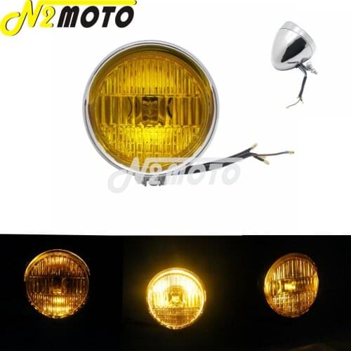 12V Motorcycle Vintage Chrome Amber Front Headlight For Harley Bobber Honda Yamaha Kawasaki Cafe Racer Touring Round Head Lamp