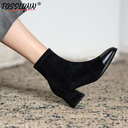 TASSLYNN 2020 Luxury Shoes Women Designers Flock Ankle Women Boots Round Toe Zip Basic Square Heel Women Boots Winter Shoes
