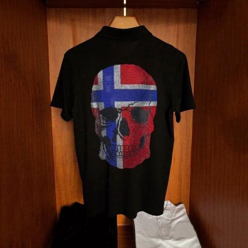 British Comfortable Loose Polo Shirt Hot Rhinestone Plus Size HD Design Skull Head New Arrival Mens Top Quality Short Sleeve
