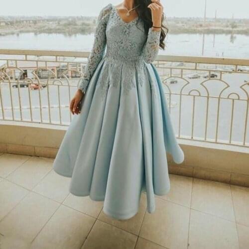 Sexy Party Prom Dress Gala Dress Plus Size African Long Sleeve Short Evening Dresses 2020 Light Blue Ankle Length Applique