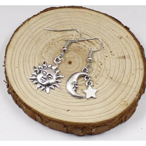 Handmade MISMATCH SUN MOON AND STAR Drop Earrings CELESTIAL Tibetan Silver Gift,Wicca,Pagan,Crescent Moon Earrings