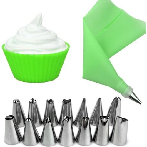 16Pcs/Set Silicone Icing Piping Cream Pastry Bag Stainless Steel Nozzle Tips Kitchen DIY Cake Decorating Tools Set Reusable