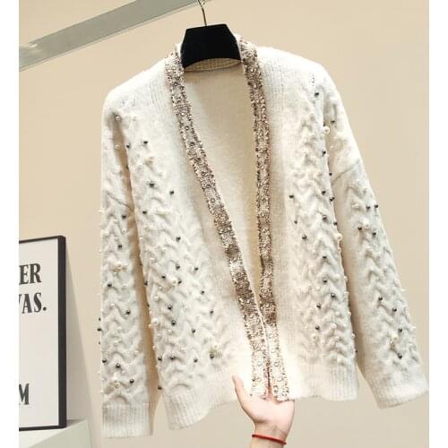 Vintage V-neck Pearl Embroidery Sequin Twist Knitted Solid Women Sweaters 2020 Autumn New Long Sleeve Women Sweaters