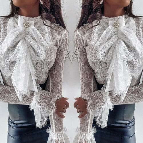 Women Lace Mesh Bowtie Long Sleeve Shirt Ladies Vintage Victorian Tops Hollow Bottoming Elegant Ladies Shirts