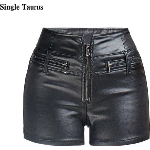 High Waist PU Shorts Women 2020 Europe and America High Street Moto & Biker Shorts Femme Black White Zipper Fly Spodenki Damskie