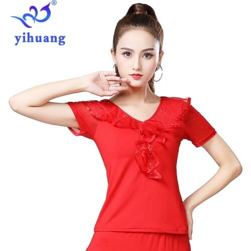 Women Tango Ballroom Tops Waltz Standard Modern Dancing Blouses Performance Wear Top for Foxtrot Quickstep Dance Short Sleeves
