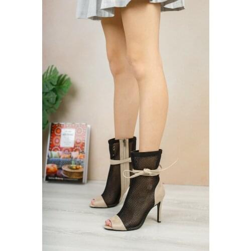 Womens Shoes Beige Black Fishnet Detailed Heels Shoes Models