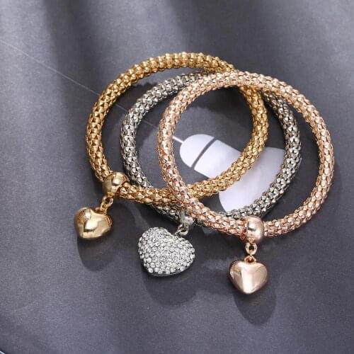 3Pcs Crystal Heart Charm Bracelets Rose Gold Silver Color Popcorn Chain Rhinestone Pendant Bracelet For Women 2020 Dropshipping