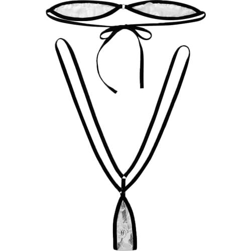 Womens Erotic Micro Mini Sheer Lace Bikini Lingerie Set Crotchless Strapless Tie-on Tube Bra Top with Thong G-String Briefs