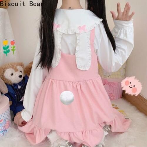 Japan Kawaii Lolita Women 2021 Spring New Two-Piece Suit Cute Girl Loli Bow Rabbit Ears Shirt Sweet Ruffles Pink Suspender Dress