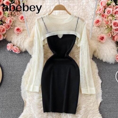 2021 New Spring Autumn Temperament O-neck long sleeve hollow out short Top + high waist split mid-long strap Dress two-piece set