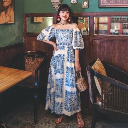 Summer Boho Dress Holiday Beach Wear Puff Sleeve Designer Long Shirt Dress Women Print Vintage Chiffon Dresses Vestidos
