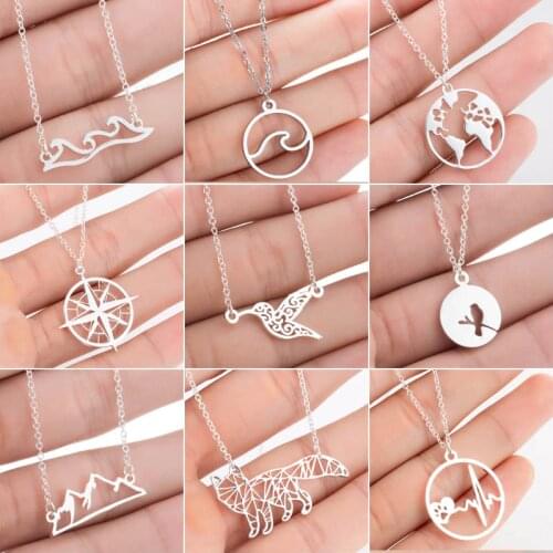 SMJEL Stainless Steel Animal Mountain Necklaces for Women Daily Jewelry Fashion World Map Wave Fox Necklace Gold Collier 2020
