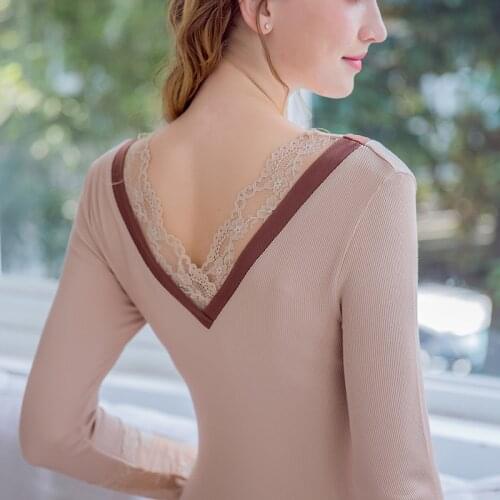 2020 Elegant Lace Patchwork Striped Womens Thermal Underwear Winter Warm Long Johns Female Second Skin Pajamas Two-piece Set