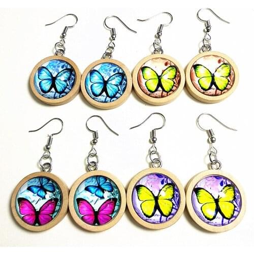 24pairs/lot Cartoon Color Butterfly earrings Wood Tray Cabochon Glass Cabochon Drop Earrings for girl party gift