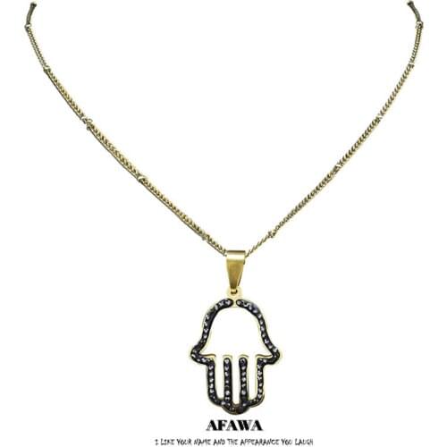 Black Crystal Stainless Steel Hamsa Hand Pendants Necklaces Women Gold Color Islam Necklaces Jewelry collier cristaux N4897S02