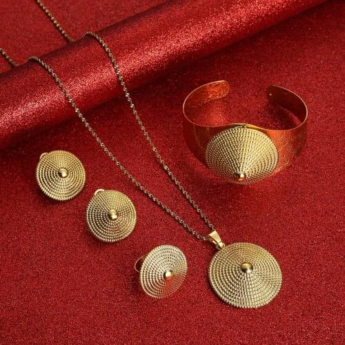 Ethiopian Gold Jewelry Sets 24k Pendant Necklace Earring Ring Dubai Gifts for Women African Eritrea Wedding Bridal Set