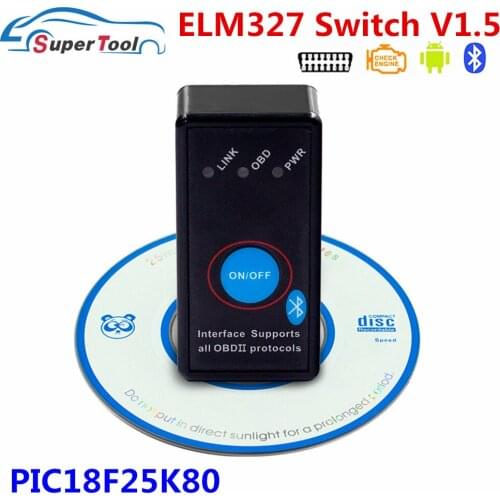 ELM327 Switch Power On/Off ELM 327 Bluetooth V1.5 PIC18F25K80 OBD2 Auto Car Diagnostic Tool OBDII ELM327 V1.5 Bluetooth Scanner