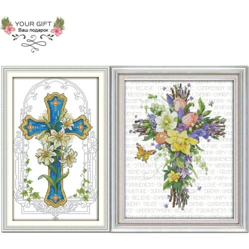 Joy Sunday Lily Flower Cross Home Decor J372 J373 14CT 11CT Counted Stamped Christian Needlepoint Embroidery DIY Cross Stitch