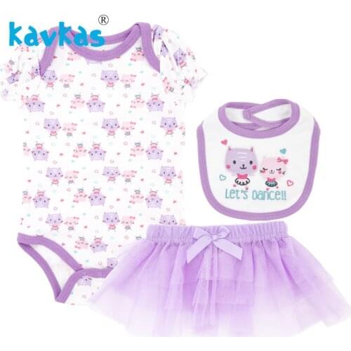 Kavkas Summer Newborn Infant Baby Girl Clothes Purple Printing Short Sleeve Tops+Tutu Dress + Bibs Toddler Outfits Set