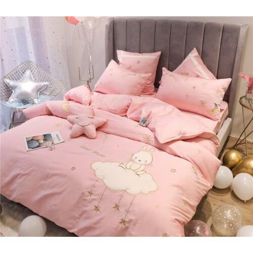 Pink Lovely Rabbit 80S Egyptian cotton Embroidered Bedding sets Queen King Princess Duvet cover Bed sheet set Pillowcases 4/6pcs