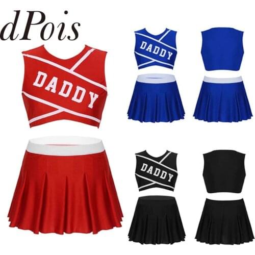 2Pcs Women Girl DADDY Printed Cheerleading Uniform Set Sports Cheerleader Costume Sleeveless Crop Top with Mini Pleated Skirt