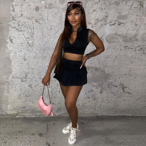 Black Womens Two Piece Set Summer Tracksuit Deep V Neck Sleeveless Tank Tops and Pleated Mini Culottes Birthday Party Outfits