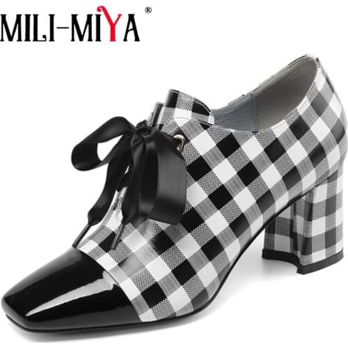 MILI-MIYA Hot Sale Women Pumps Cow Leather Mixed Color Checkered Butterfly-Knot Square Heels Casual Shoes Big Size 34-43