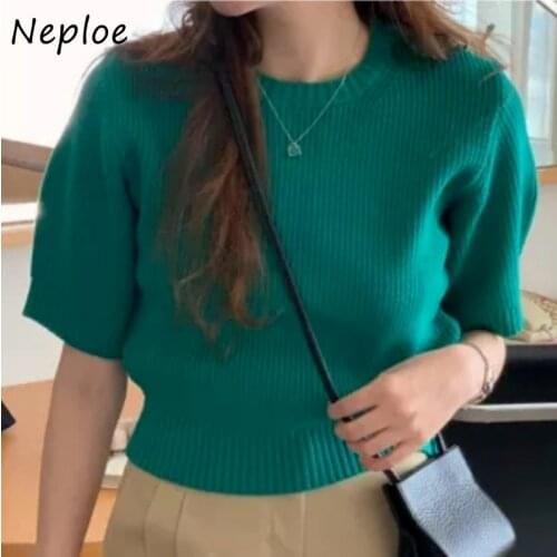 Neploe Fashion Pit Design Slim Fit Knit Sweater Women O Neck Pullover Short Sleeve Pull Femme Summer 2021 New Sueter Simple