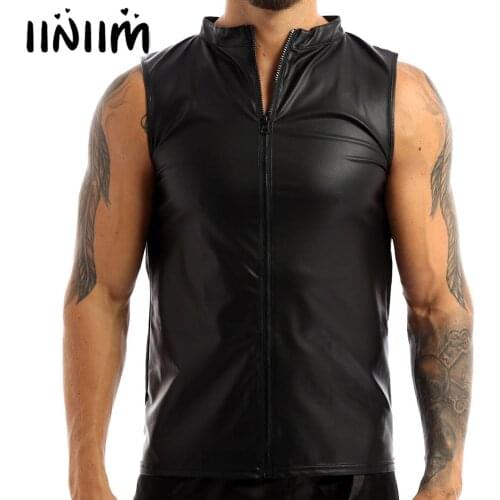 Mens Fashion Club Tops Costumes for Evening Parties Faux Leather Front Zippered Undershirt Tank Top Vest Moto Punk Clubwear