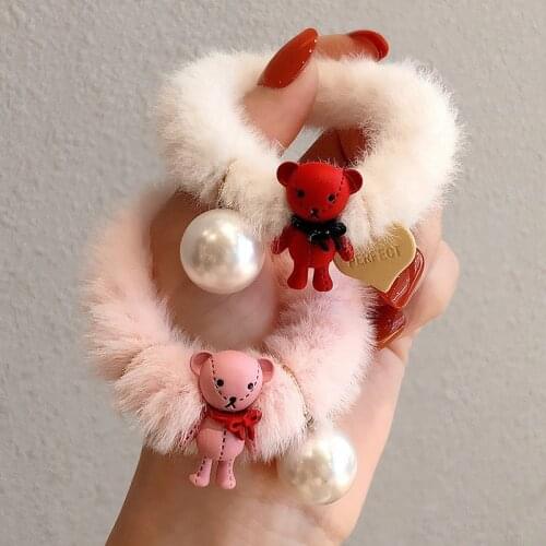 New Fluff Bear Hair Accessories Elastic Hair Bands For Girl Children Pink Hairy Cartoon Doll Bear Hair Tie Rubber Band Wholesale
