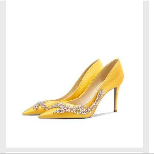 2021 spring new silk bridal wedding shoes stiletto high heel pointed shallow mouth party dress rhinestone single shoes women