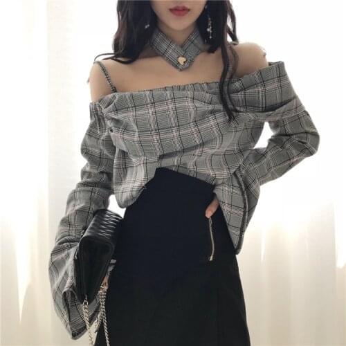 Autumn Streetwear Plaid Off Shoulder Blusas Slash Neck flare Sleeve Women Blouses Sexy Short Vintage Halter Shirts Sweet Top