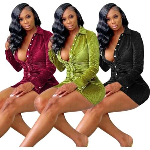 Pleated Turn-Down Collar Button Blouse Dress Women Sexy Long Sleeve Mini Dresses Solid Streetwear Female Shirt Vestidos