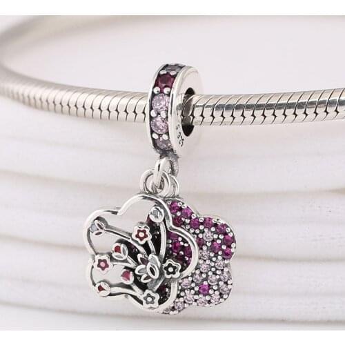 Authentic S925 Peach Blossoms Flower With Crystal Pendant Hanging Bead Charm for Women Bracelet Bangle Jewelry