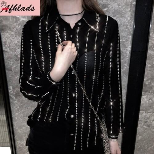 Luxury Shiny Diamond Loose Streetwear Shirt Female Designer Vintage Chiffon Single-Breasted Turn-Down Collar Casual Shirts