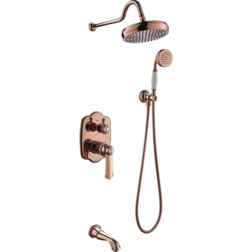Luxury Rose gold polished all brass bathroom shower faucet set Wall mounted 3 functions mixer faucet with 8 inch shower head