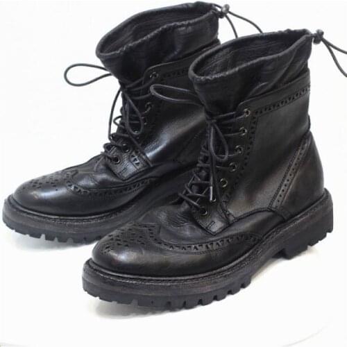 Luxury Vintage Brogues Shoes Men Fashion Brand Lace Up Motorcycle Ankle Boots Real Leather Snow Boots Black Platform Work Shoes