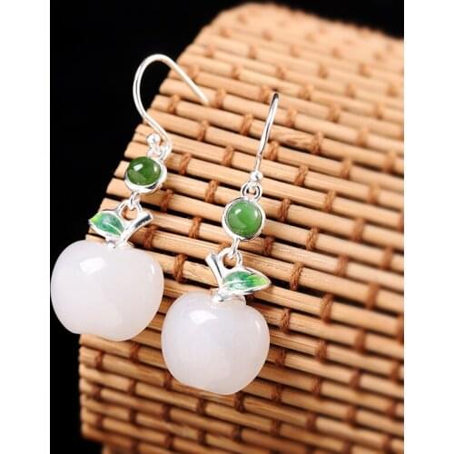 S925 Sterling Silver Ornament Womens Hetian Jade Ear Pendant for Apple